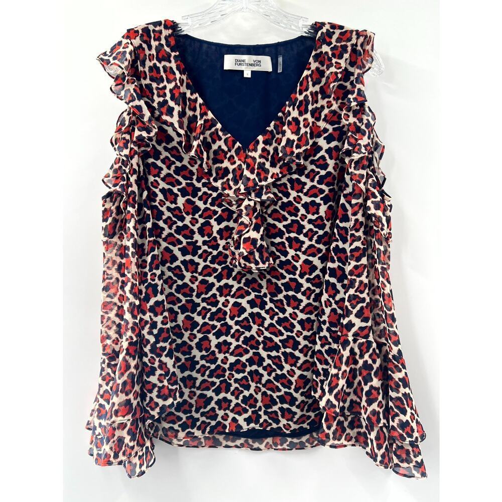 Diane Von Furstenberg Women's Animal Print Cold Shoulder Blouse Size Small NWOT